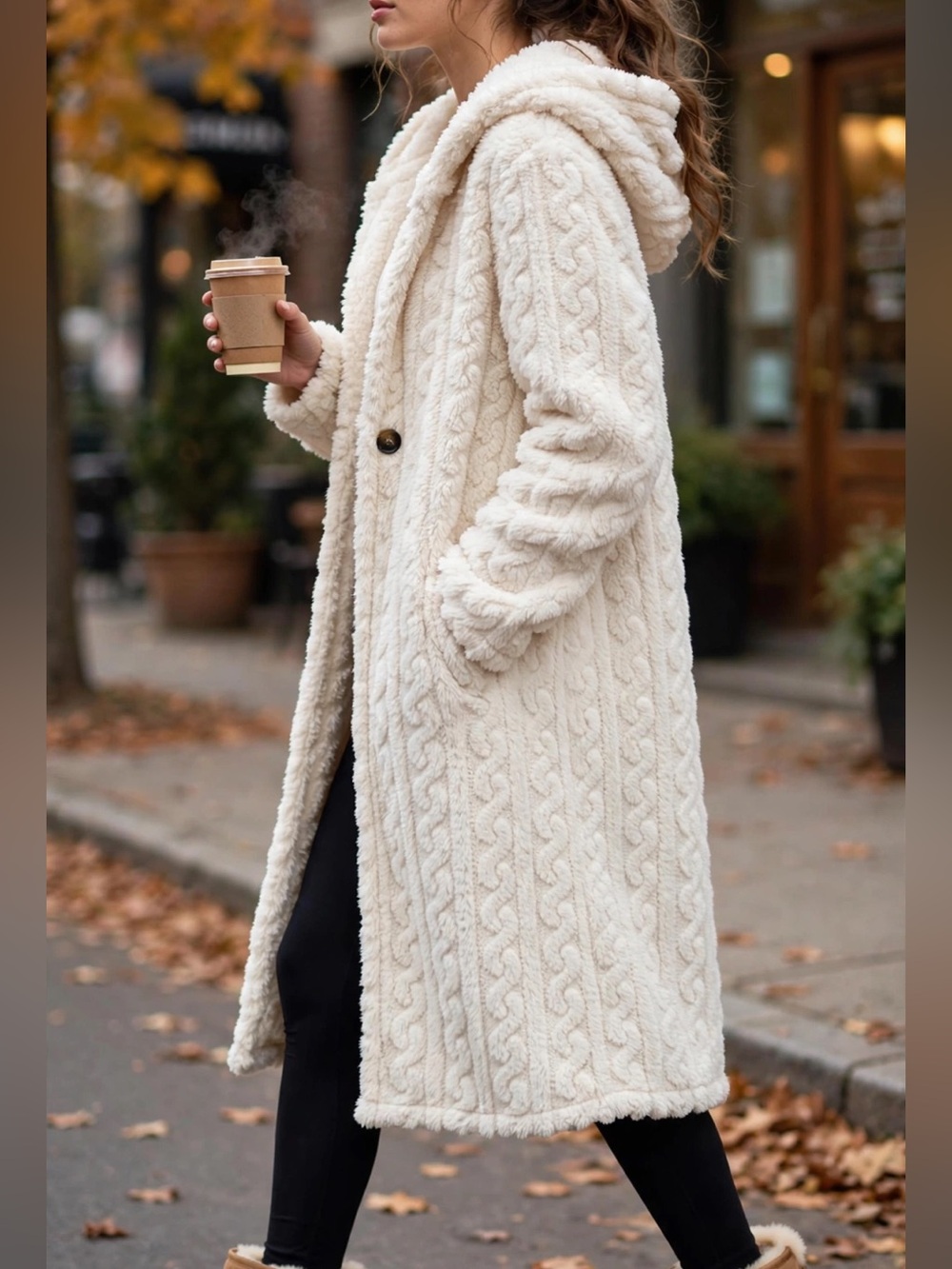 FME Cream Cable Knit Faux Fur Teddy Long Duster Cardigan Hooded Cozy Size M NWOT